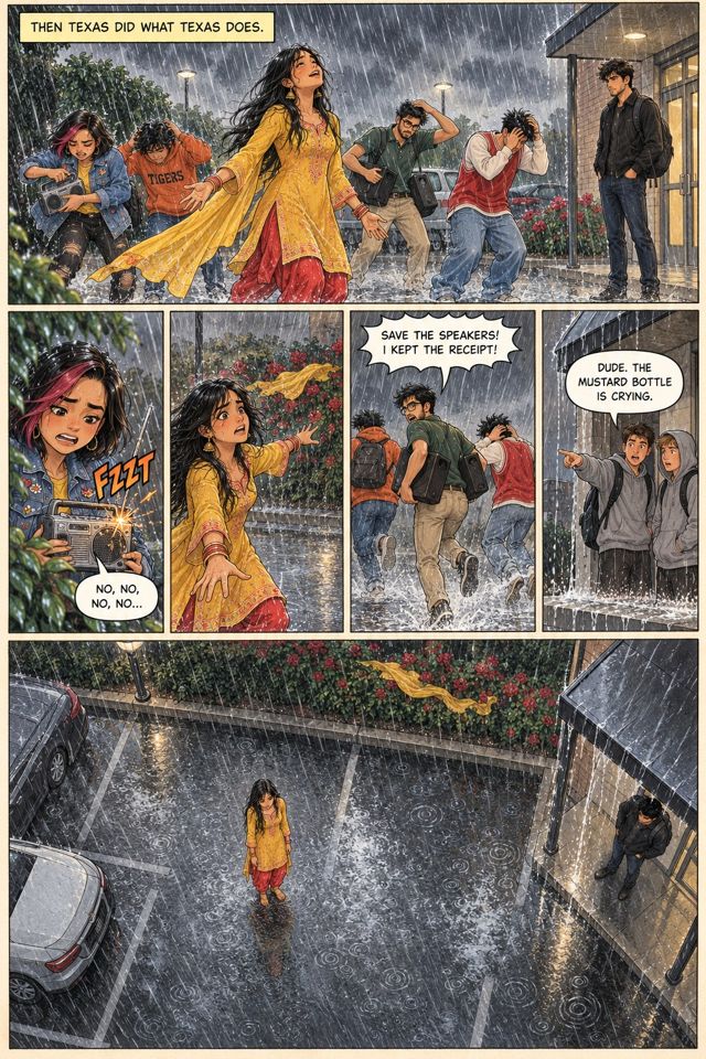 Game Plan comic page: a Texas downpour